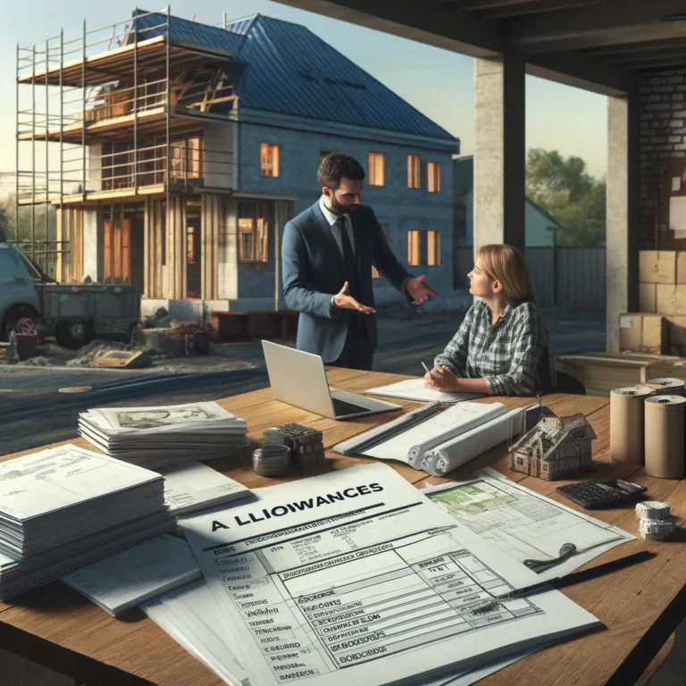 Contractor and homeowner discussing construction plans and budget sheet at a construction site.