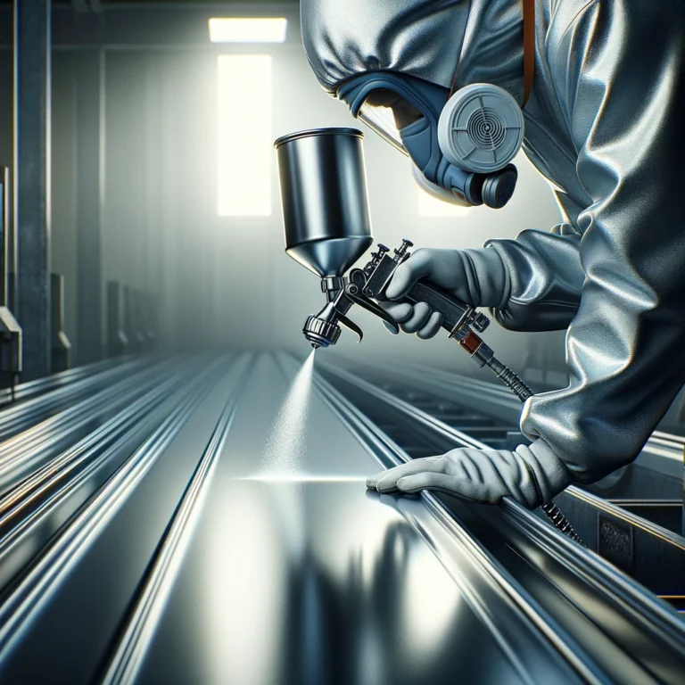 Professional painter using a spray gun to apply aluminum paint on a metal surface, showcasing the paint's reflective metallic finish.