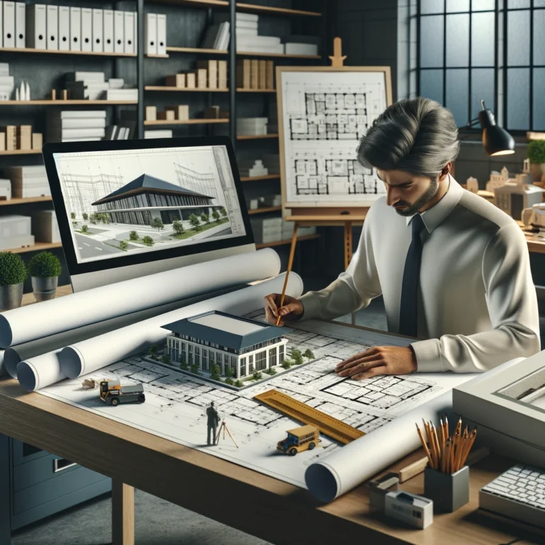An architect reviewing blueprints at a desk, with a scale model of a building and design tools in an office setting.