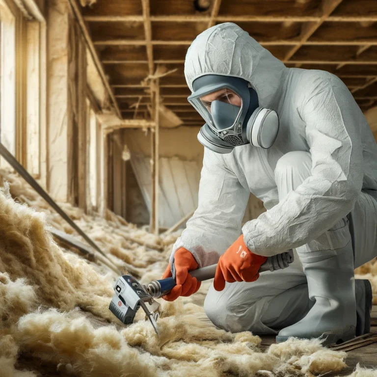 Asbestos abatement professional wearing protective gear removing asbestos insulation from an old building.