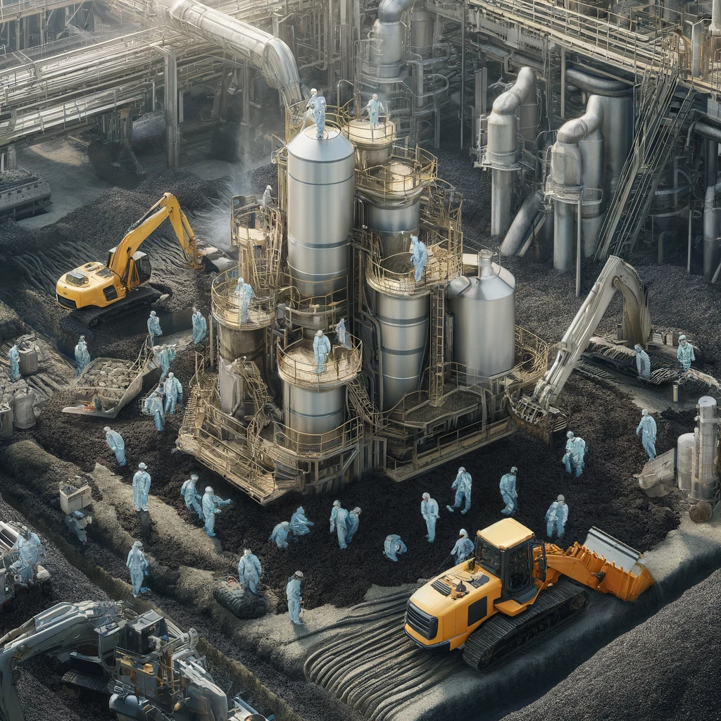 Workers in protective gear conducting soil remediation at an environmental cleanup site.