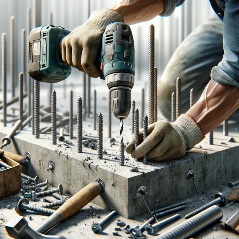 Construction worker installing anchor bolts into a concrete foundation, using a drill to create holes and securing the bolts.