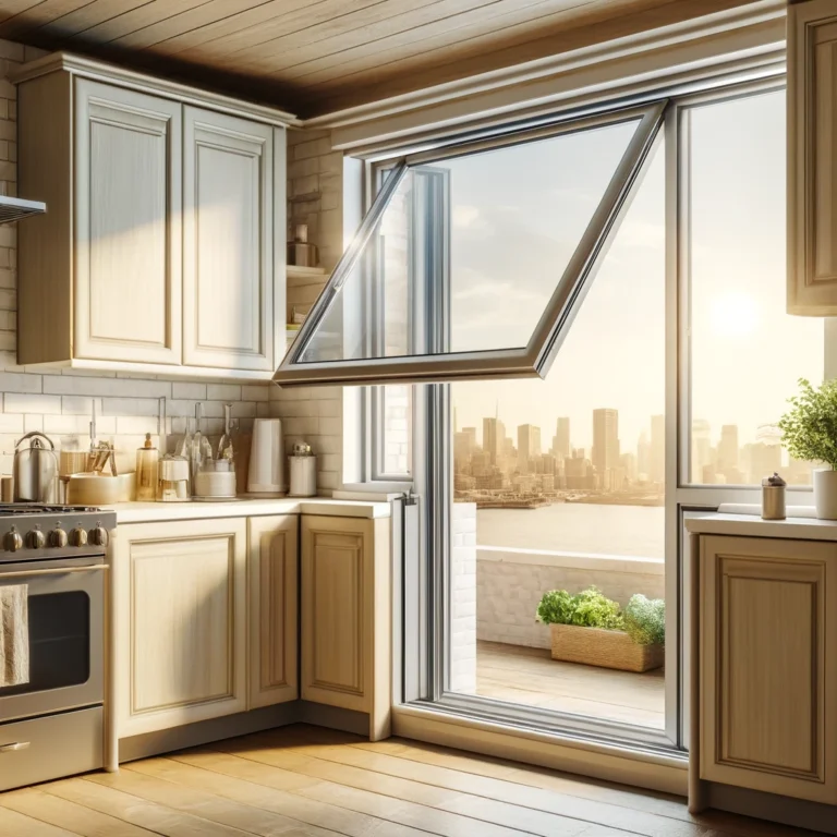 Open awning window in a kitchen, showcasing its outward-swinging design and allowing natural light to illuminate the space.