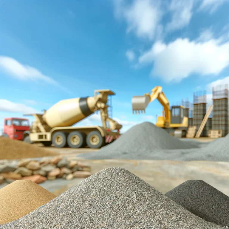 Construction site with piles of sand, gravel, and crushed stone, with a bulldozer and a cement mixer in the background.
