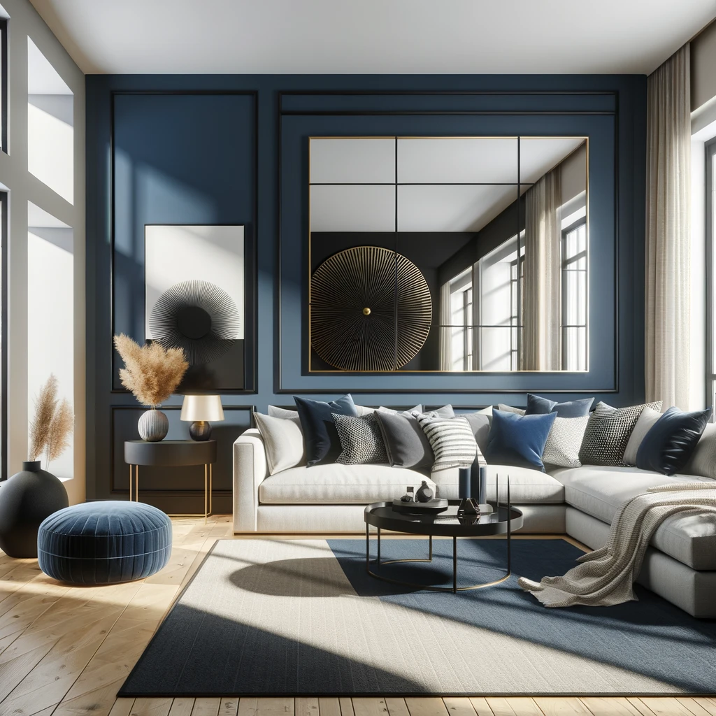 Living room with a deep navy blue accent wall, featuring a stylish mirror and modern artwork, complemented by a sofa, coffee table, and decorative pillows.