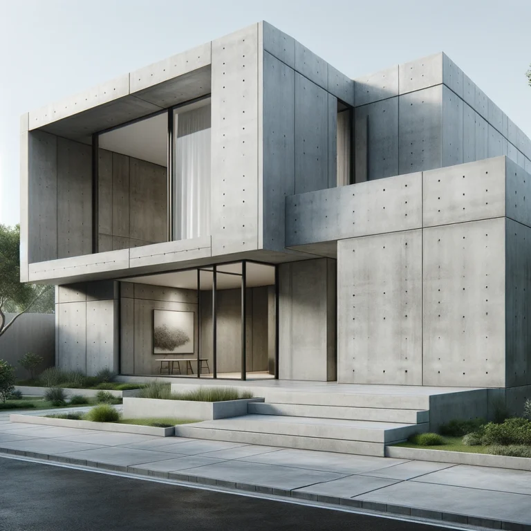 Modern home featuring austere concrete elements with smooth, unadorned concrete walls, large glass windows, and a simple entryway.