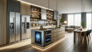 Modern kitchen with smart home integrations, featuring natural wood and stainless steel finishes, smart appliances, built-in charging ports, and voice-activated assistants.