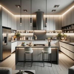 Modern kitchen design blending style and utility with sleek white cabinetry, dark quartz countertop, stainless steel appliances, and integrated storage.
