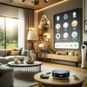 Modern smart home living room with various smart devices.