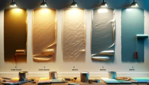 Comparison of high-gloss, satin, and matte paint finishes on a wall with painting tools.