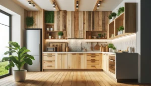 Modern eco-friendly kitchen with custom cabinetry made from reclaimed wood and bamboo, featuring natural finishes and low-VOC adhesives.
